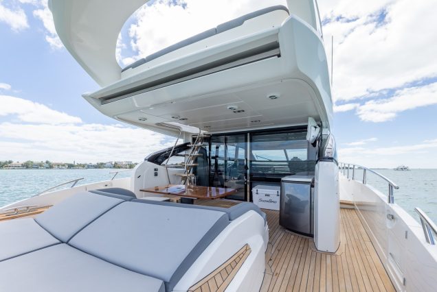 Luxury 74ft Princess SnowBird entrance gate with stairs to upper deck Miami Marina rental