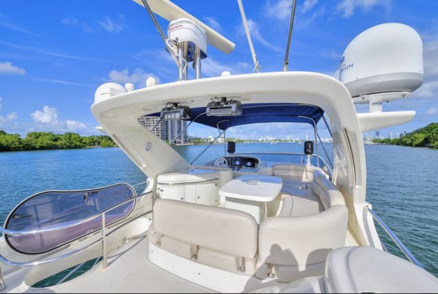 La Dolce Vita 70ft Azimut panoramic flybridge offering stunning ocean and skyline views