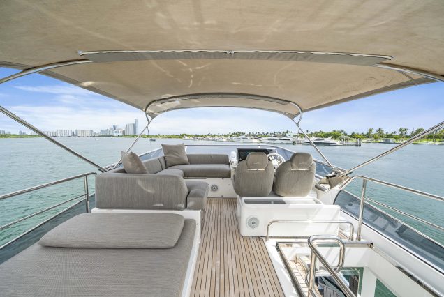 72ft Azimut “Water You Doing” open flybridge lounge perfect for socializing and enjoying the breeze