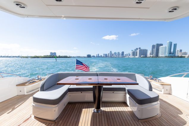 Luxury 74ft Princess SnowBird entrance gate with stairs to upper deck Miami Marina rental