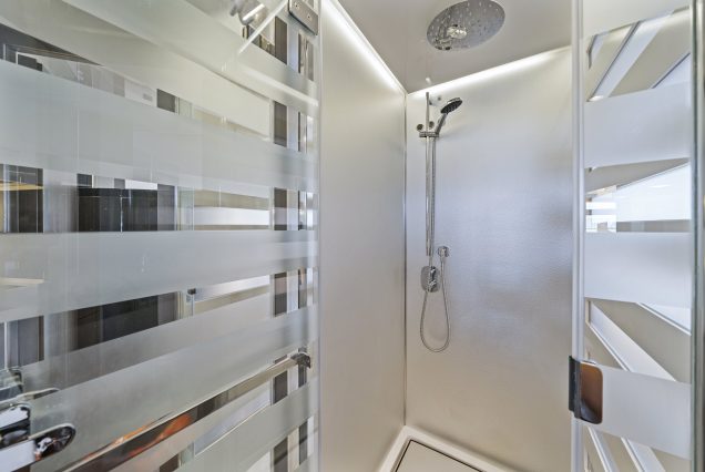 72ft Azimut “Water You Doing” clean and modern washroom with essential amenities