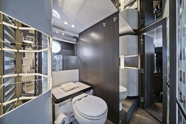 72ft Azimut “Water You Doing” clean and modern washroom with essential amenities