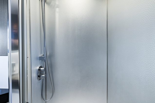 72ft Azimut “Water You Doing” clean and modern washroom with essential amenities