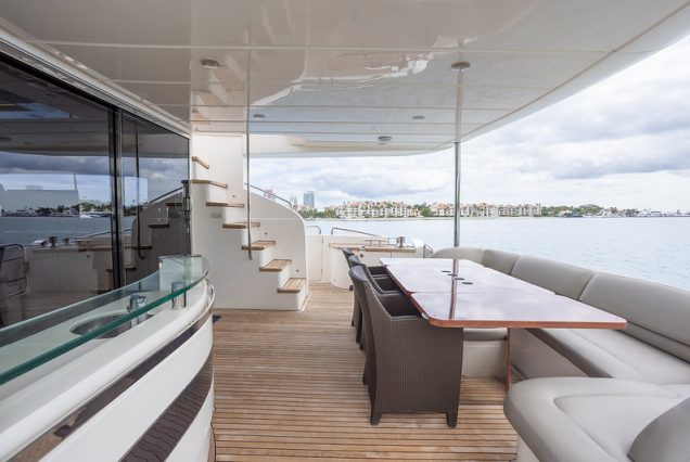 88ft Princess PFO grand boarding entrance with amazing seating table area and access to top deck.