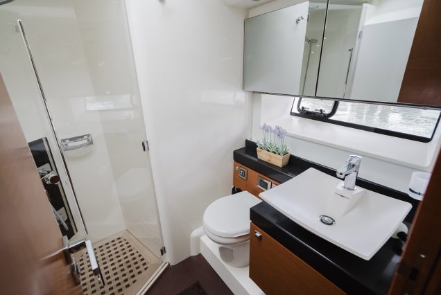 World Wide 62ft Prestige Yacht clean and modern washroom with essential amenities