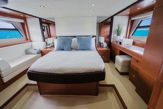 World Wide 62ft Prestige Yacht guest cabin with comfortable sleeping space for charter stays