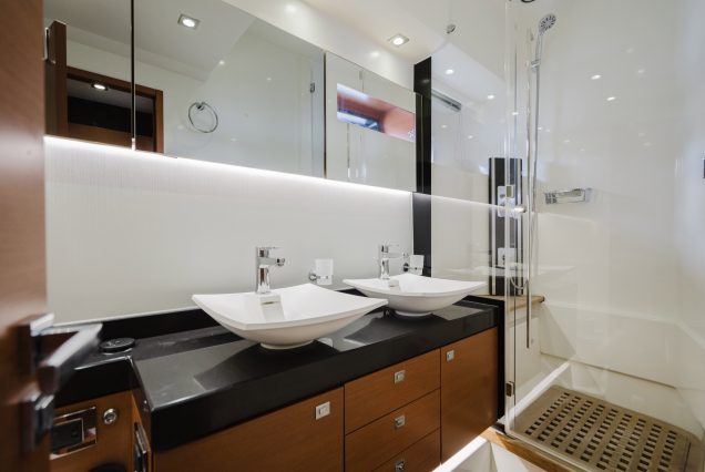 World Wide 62ft Prestige Yacht clean and modern washroom with essential amenities