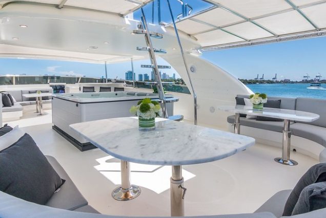 110ft Horizon “The Nirvana” upper deck seating with table for fine dining and cocktails