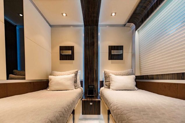Luxury 110ft Dominator Senay Miami guest cabin with refined interiors and premium sleeping comfort
