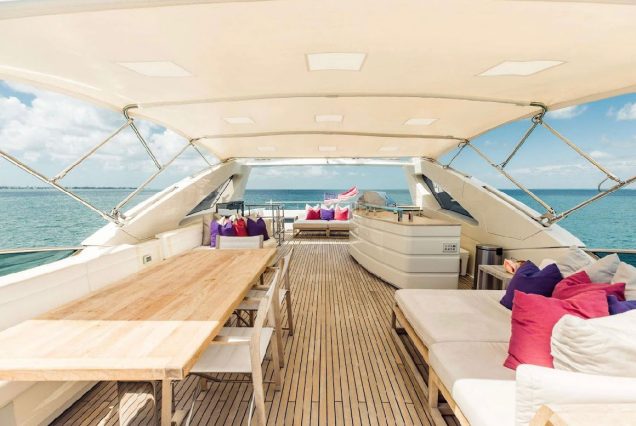 Luxury 110ft Dominator Senay Miami flybridge with bar setup and social gathering space