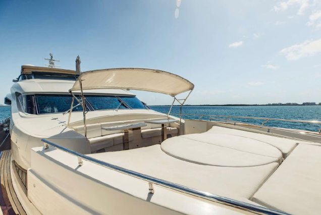Luxury 110ft Dominator Senay Miami spacious sunbed area perfect for relaxing under the sun