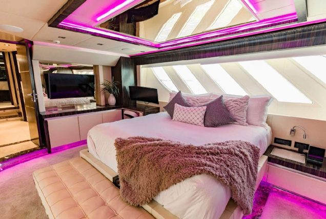 Luxury 110ft Dominator Senay Miami spacious master bedroom designed for ultimate comfort and privacy