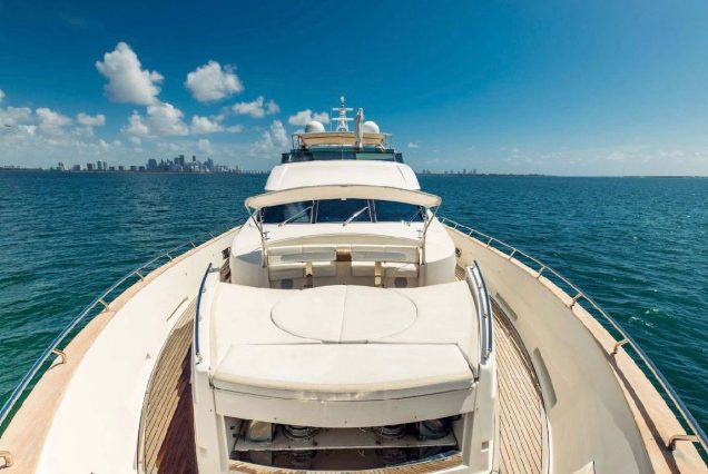 Luxury 110ft Dominator Senay Miami bow lounge area with stunning forward-facing views