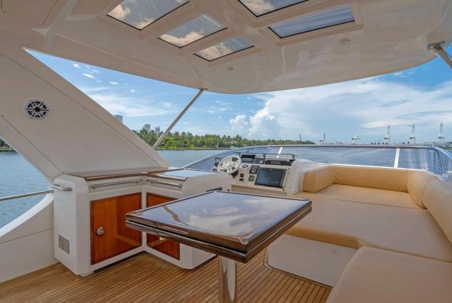 65ft Azimut Ram upper deck lounge with table Miami Marina sunset cruise