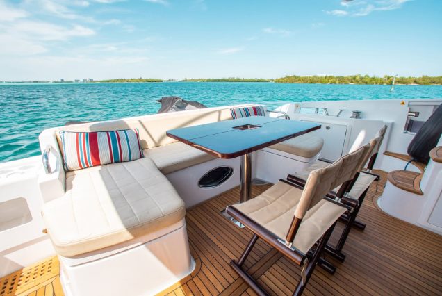 55ft Azimut “Salty At Sea” boarding area with amazing table and seating area.