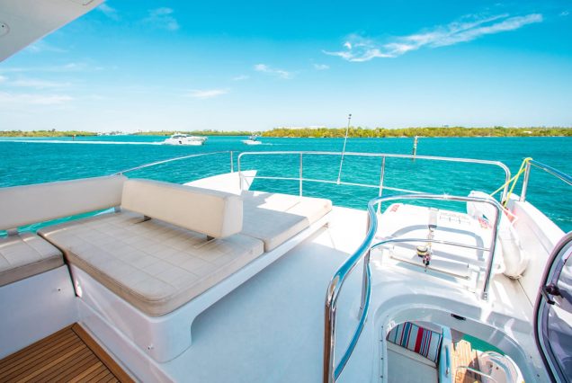 55ft Azimut “Salty At Sea” open flybridge lounge perfect for socializing and enjoying the breeze