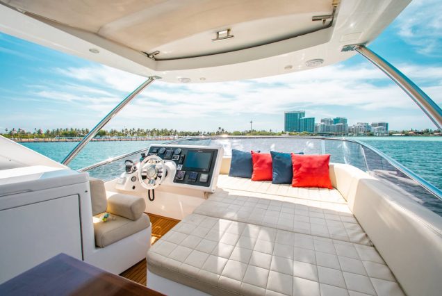 55ft Azimut “Salty At Sea” upper deck seating area with table for drinks and light dining
