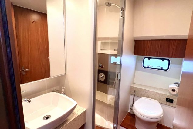 Fairline Squadron 45ft Pasha Yacht clean and modern washroom with essential amenities