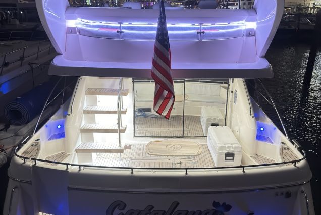 Catalaya 55ft Fairline boarding area with steps leading to upper deck