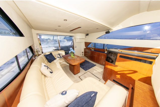 Catalaya 55ft Fairline elegant indoor salon with plush seating