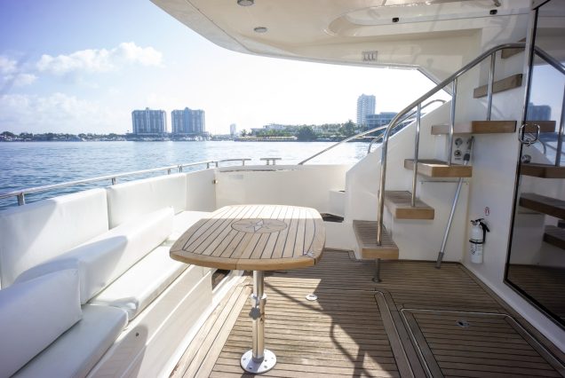 Catalaya 55ft Fairline boarding area with steps leading to upper deck
