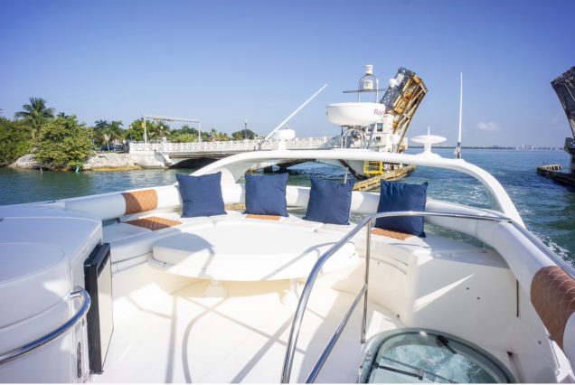 Catalaya 55ft Fairline upper deck seating area with table for drinks and dining