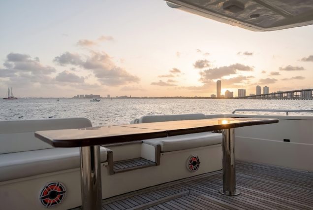 68ft Ferretti Yacht boarding area with steps leading to upper deck.