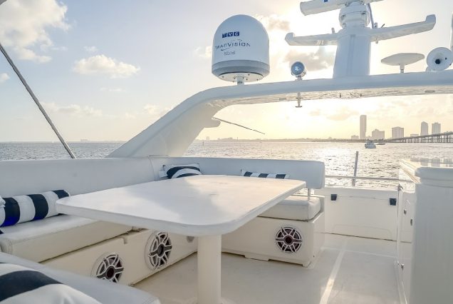 68ft Ferretti Yacht open flybridge lounge ideal for social gatherings and views