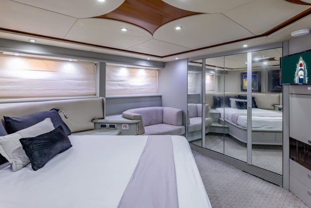 80ft Sunseeker Manhattan SlipTease guest cabin with elegant design and plush sleeping space
