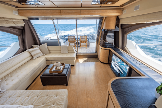 70ft Azimut “Days Like This” inviting indoor salon with comfortable seating