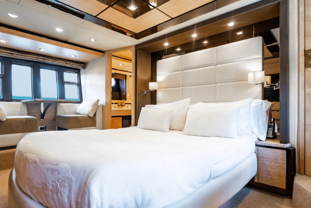 70ft Azimut “Days Like This” spacious master bedroom crafted for comfort and quiet relaxation