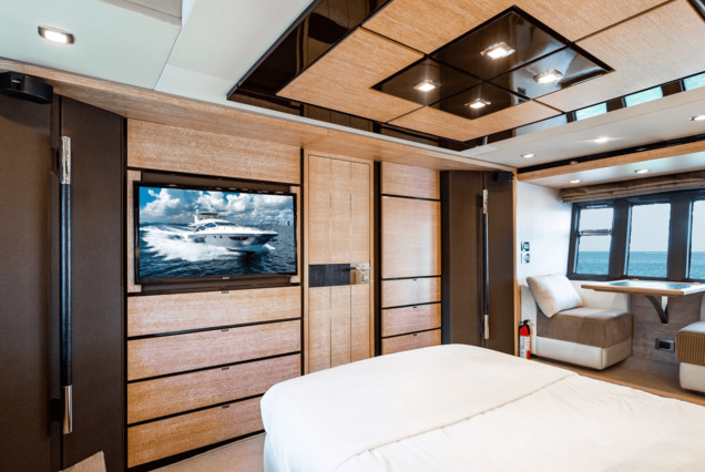 70ft Azimut “Days Like This” spacious master bedroom crafted for comfort and quiet relaxation