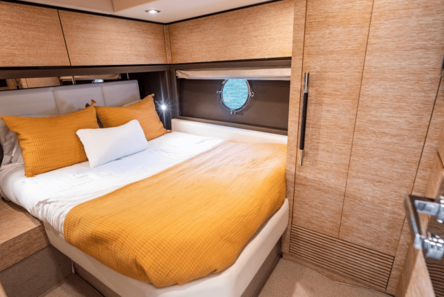 70ft Azimut “Days Like This” spacious master bedroom crafted for comfort and quiet relaxation