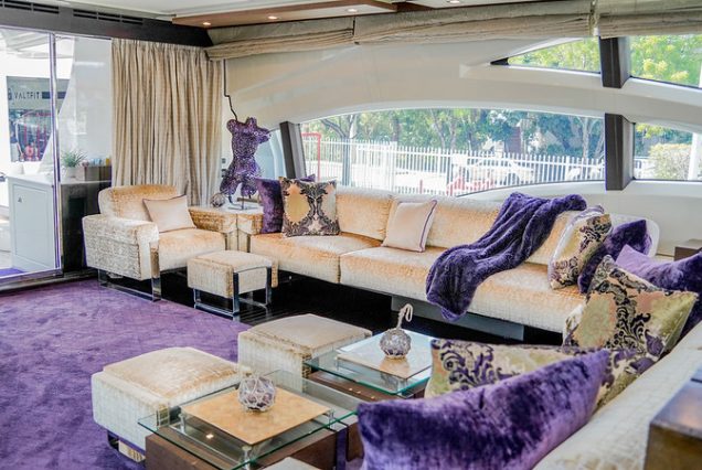 Mega 103ft Azimut SCARLET sophisticated indoor salon with plush seating
