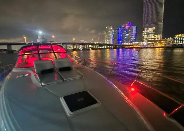 Sun-kissed 45ft Sea Ray Yacht front deck seating with beautiful waterfront views with sunbed area.