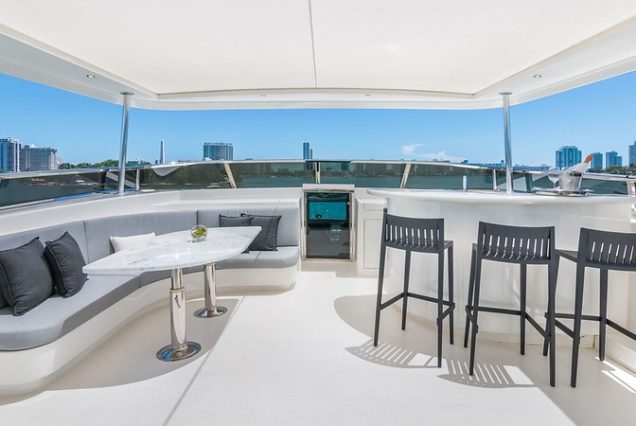 110ft Horizon “The Nirvana” upper deck seating with table for fine dining and cocktails