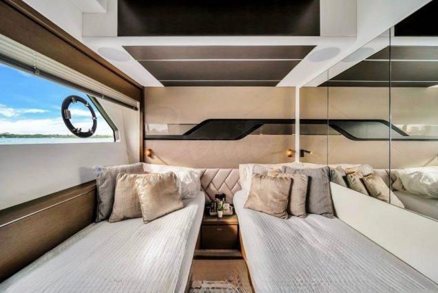 Luxury 74ft Sunseeker Predator Miami guest cabin with refined interiors and premium sleeping comfort