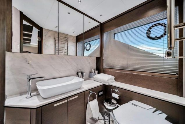 Luxury 74ft Sunseeker Predator Miami luxury washroom with premium fittings and elegant styling