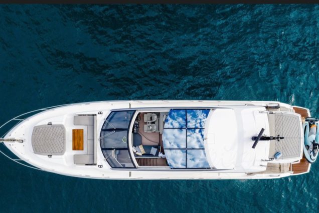 Luxury 74ft Sunseeker Predator Miami bow lounge area with stunning waterfront and skyline views