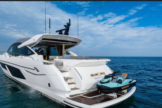 Luxury 74ft Sunseeker Predator Miami oversized swim platform with seamless water access