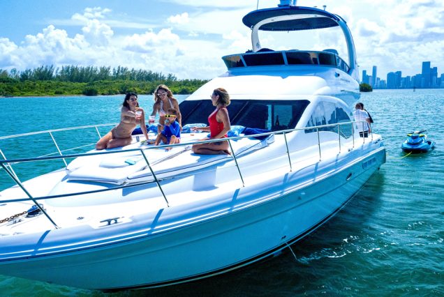 Modern 50ft White Ace Sea Ray Yacht bow sunbed perfect for relaxing under the sun