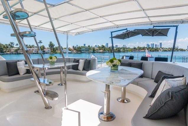 110ft Horizon “The Nirvana” upper deck seating with table for fine dining and cocktails