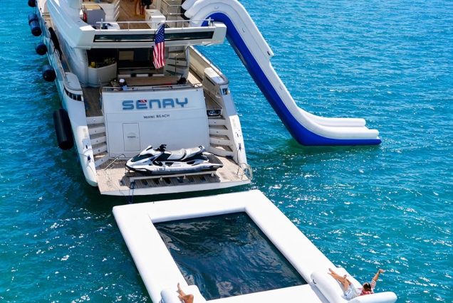 Luxury 110ft Dominator Senay Miami large swim platform with seamless water access and premium water activities.