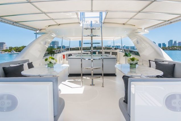 110ft Horizon “The Nirvana” upper deck seating with table for fine dining and cocktails