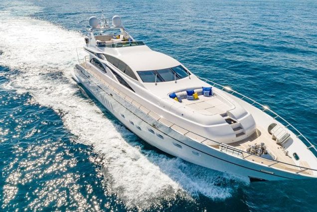 Luxury 105ft Leopard Miami bow lounge area with stunning waterfront and skyline views