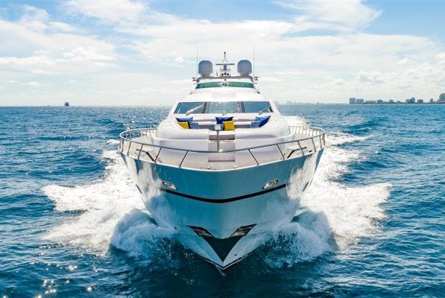 Luxury 105ft Leopard Miami bow lounge area with stunning waterfront and skyline views