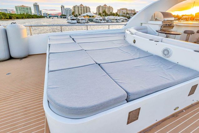 100ft Hargrave Yacht Miami spacious sunbed area perfect for relaxing under the sun