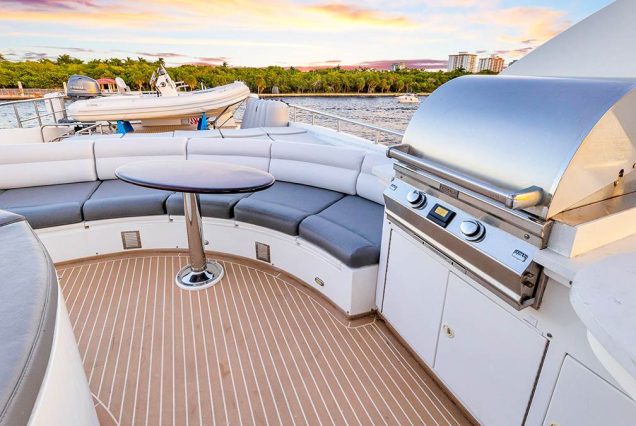 100ft Hargrave Yacht Miami grand boarding access to all entertainment areas with comfortable seating area and bbq machine