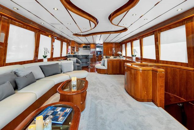 100ft Hargrave Yacht Miami sophisticated indoor salon with plush seating and elegant décor