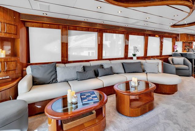 100ft Hargrave Yacht Miami sophisticated indoor salon with plush seating and elegant décor